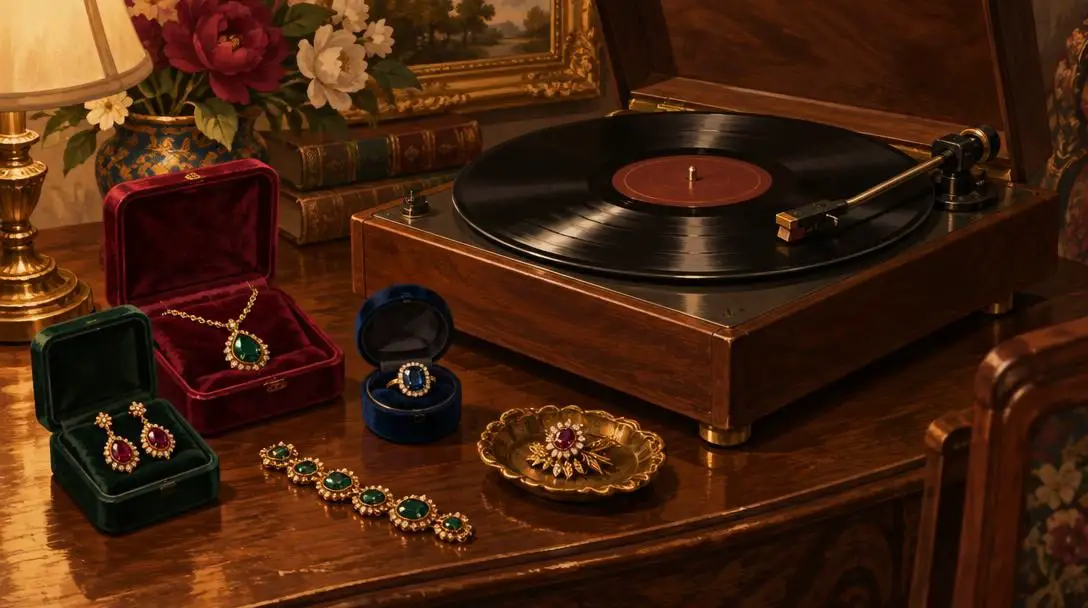 An avid collection of antique jewelry and vintage vinyl