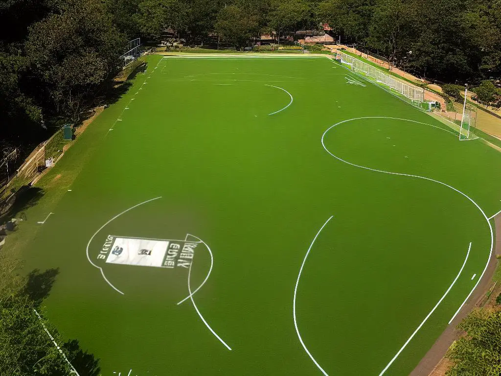 A football field with a ball on the yard line
