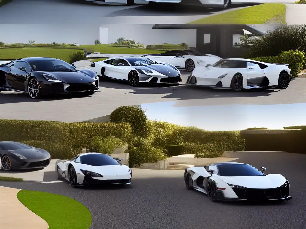 The image shows shiny and expensive cars owned by celebrities, parked in a garage or outside their houses.