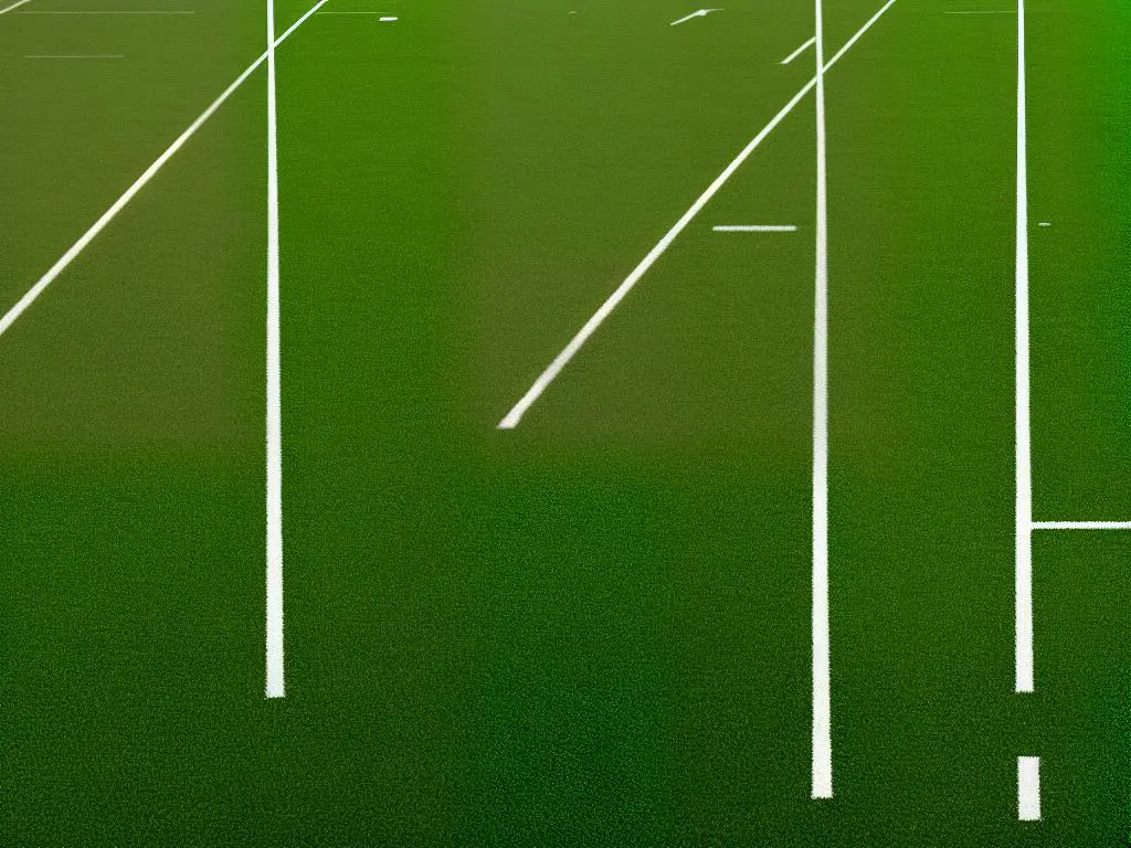 A picture of a football field with markings on it to show the yard lines, hash marks, end zones, and goalposts.