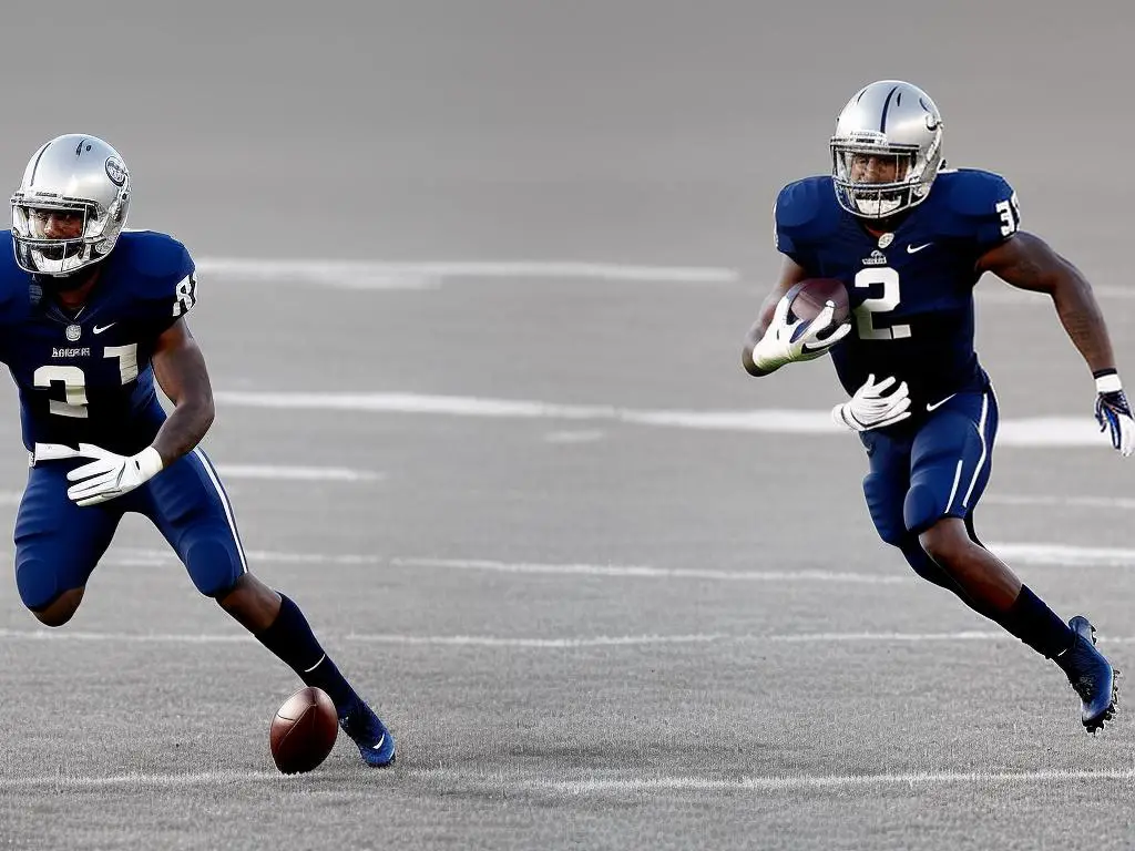 A football player wearing safety equipment, including a helmet and shoulder pads, getting ready to run with the ball on a field