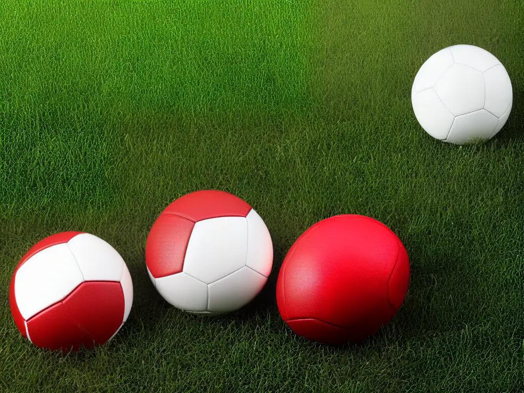 A side-by-side comparison of American football and soccer balls resting in grass.