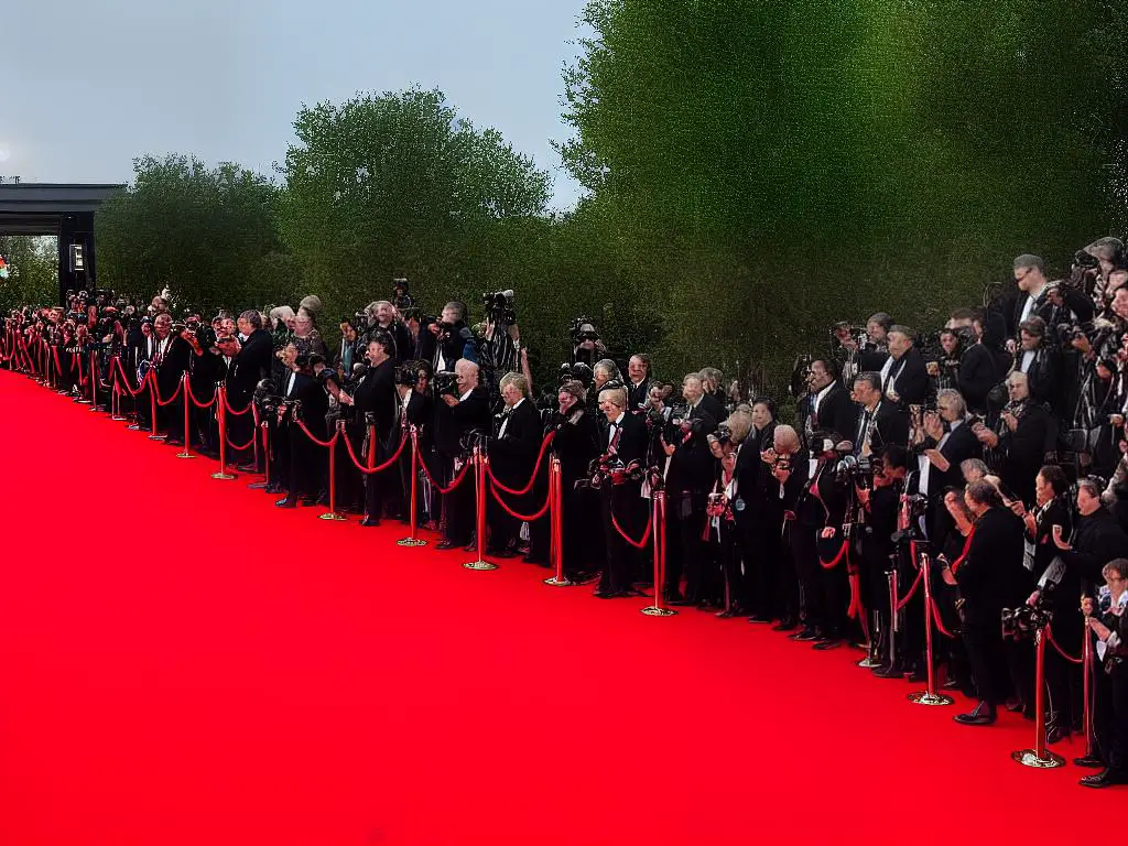 A picture of a red carpet leading up to an entrance with spotlights and photographers lined up on either side.