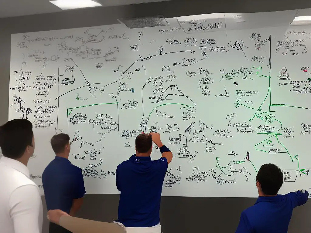 A coach drawing up a football play on a whiteboard.