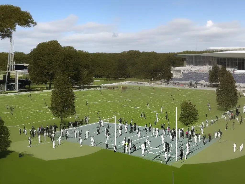 The Pro Football Hall of Fame museum building with a field and statues of football players in front of it.