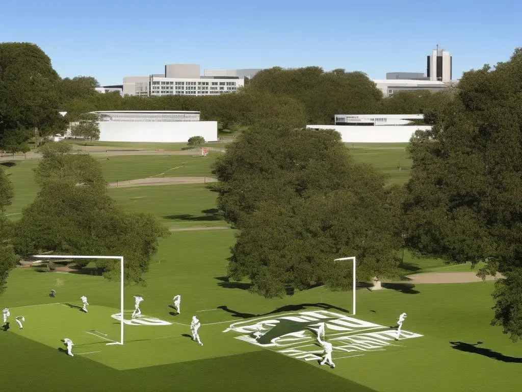 A photo of the Pro Football Hall of Fame building with a large outdoor sign and sculpted football player statues surrounded by green trees and grass areas.