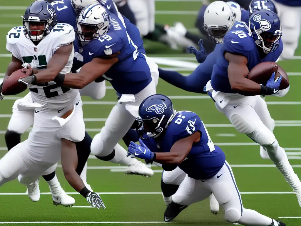 A photo of a football player in a tight end position, ready to catch the ball during a game.