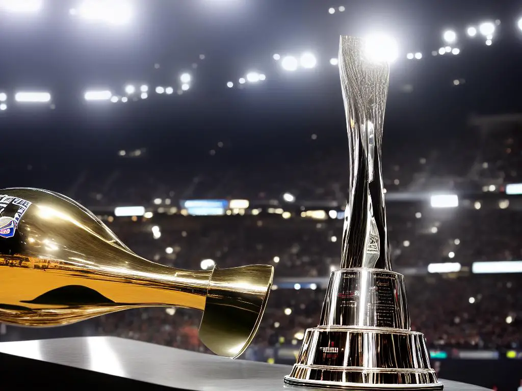 The Vince Lombardi Trophy sitting on a white pedestal with a black background.